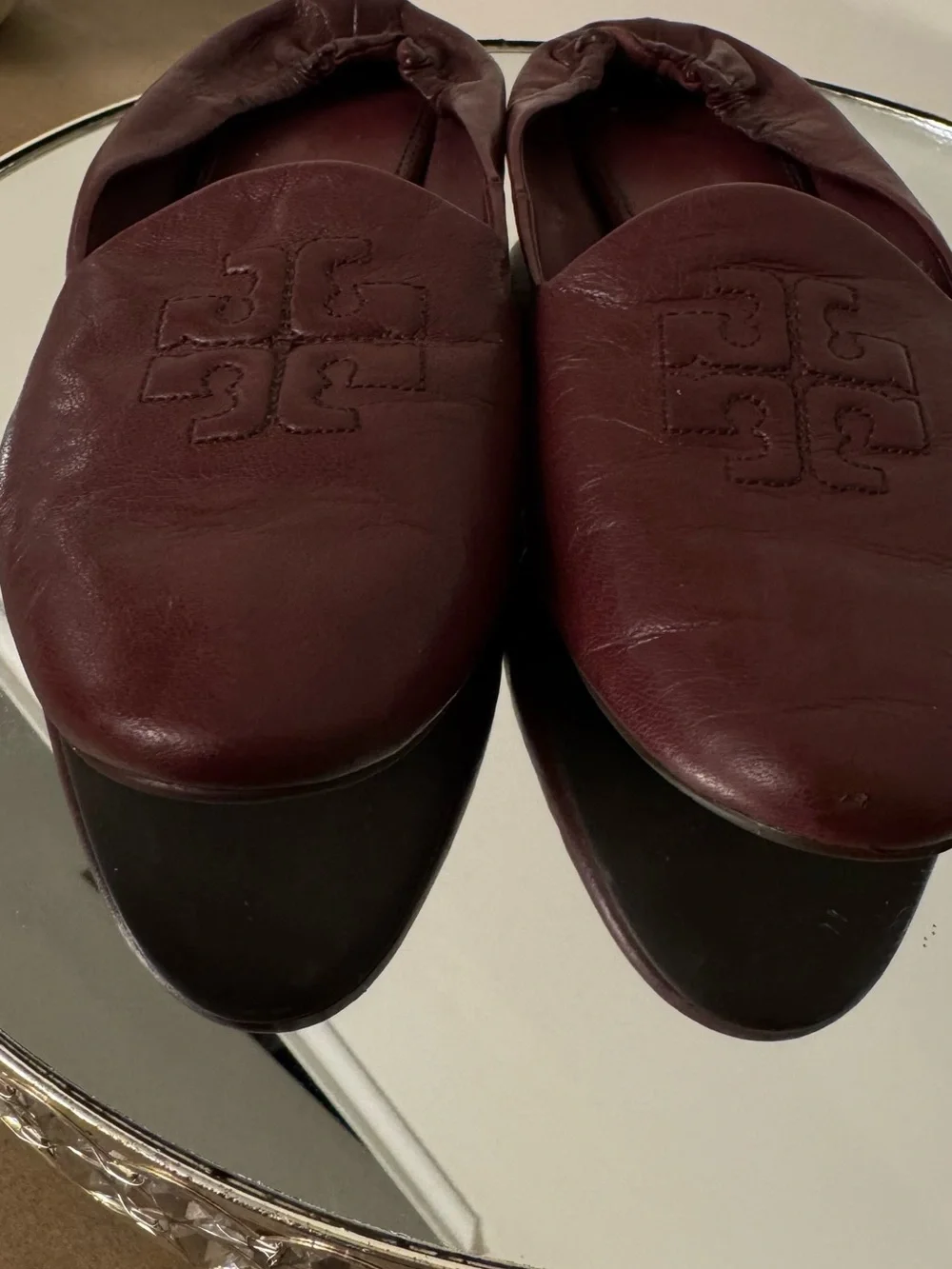 Tory Burch Burgundy Leather Logo Ballet Flats